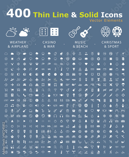 Set of 400 Minimal and Solid Icons ( Weather  Airport  Casino  War  Beach  Music  Christmas and Sport ) . Vector Isolated Elements