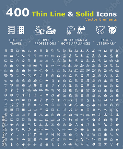 Set of 400 Minimal and Solid Icons ( Hotel Travel People Professions Restaurant Home Appliances Baby and Veterinary ) . Vector Isolated Elements