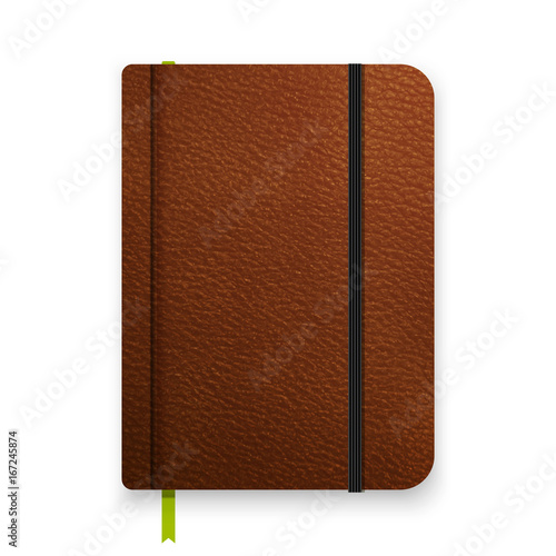 Realistic leather brown notebook with black elastic band. Top view diary template. Vector notepad mockup. Closed diary with green bookmark.