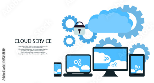 modern cloud services and Cloud Computing Elements Concept. Devices connected to the cloud with Gears. Flat Illustration.