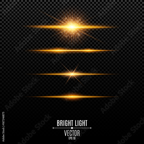 Set. Abstract glare and flashes isolated on a transparent background. Golden bright radiant star. Golden backlight and soft light. Orange soft neon lines and lights photo
