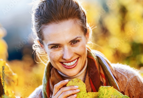 Photography Woman winegrower inspecting grape vines in autumn vineyard