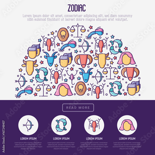 Zodiac signs concept in half circle with thin line icons for banner with horoscope, web site or background. Vector illustration.