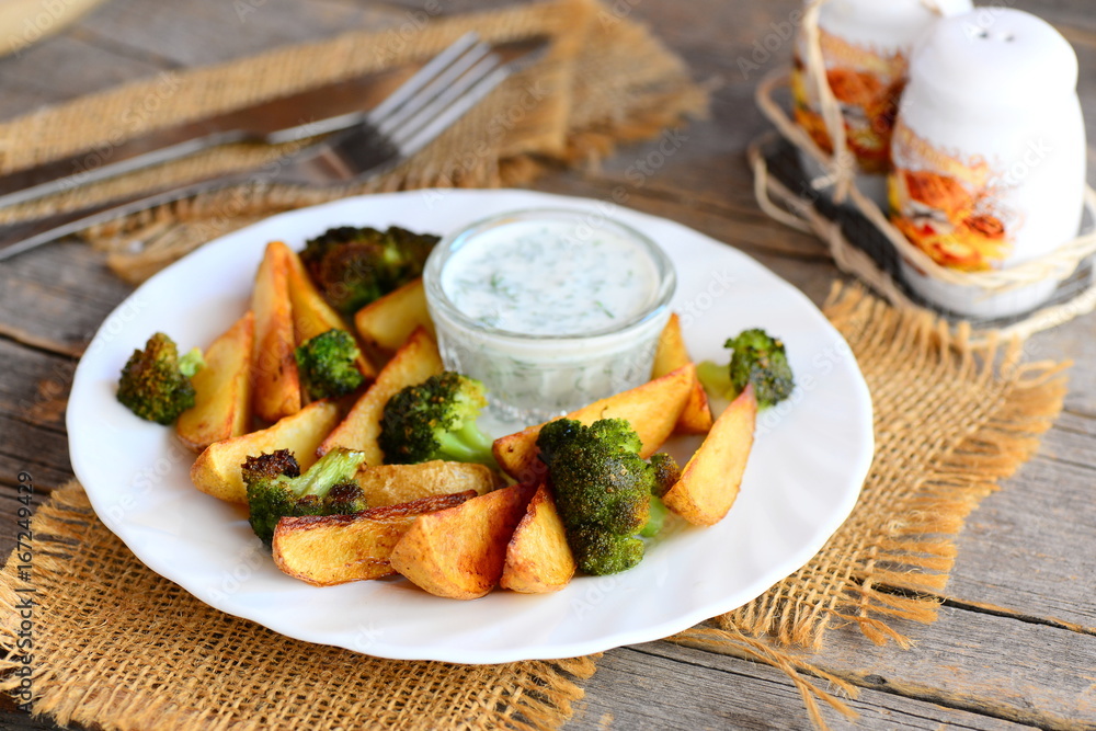 Golden baked potatoes and broccoli with sauce on a plate and a wooden table. Baked potatoes and broccoli recipe idea. Fork, knife, salt and pepper shaker on a vintage wooden background