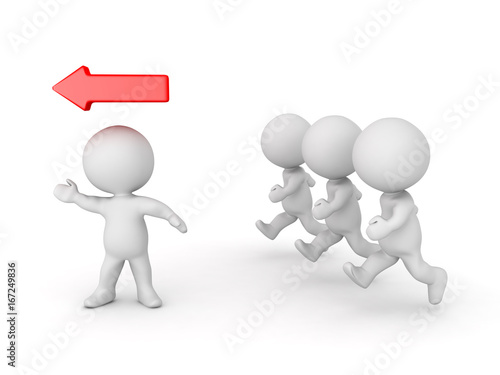 3D Character leading other ones and he has a red arrow above his head