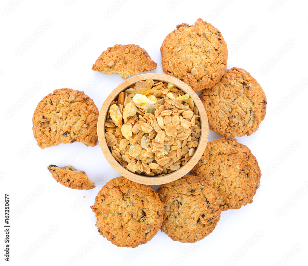 Oatmeal and cookies on white background Oatmeal and cookies on white background