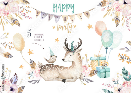 Cute baby deer nursery animal isolated illustration for children. Bohemian watercolor boho forest deer family drawing, watercolour image. Perfect for nursery posters, patterns. Birthday invitation
