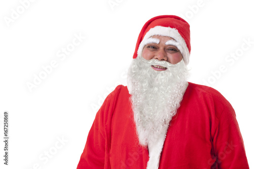 Close-up of happy Santa Claus against white background 