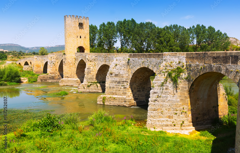 View of old stone bridge over Ebro. Frias