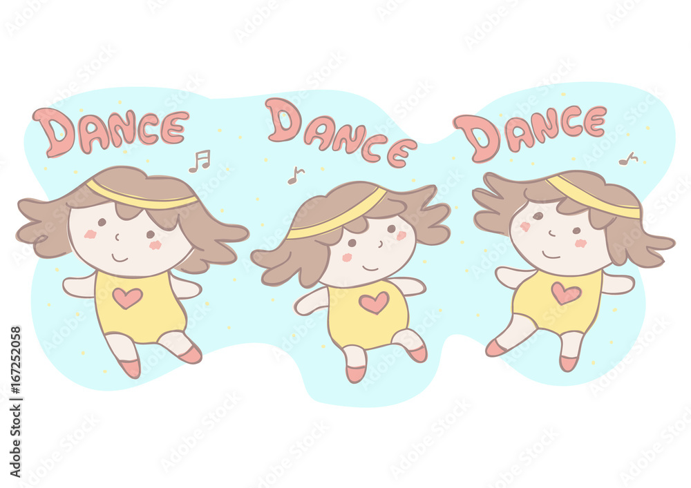 Cute vector cartoon illustration with set of three little girls dancing Cute vector cartoon illustration with set of three little girls dancing