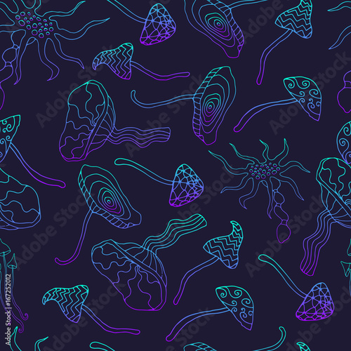 Neon hallucinogenic mushrooms, blue purple contour. Psychedelic