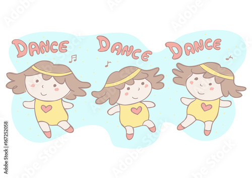 Cute vector cartoon illustration with set of three little girls dancing
