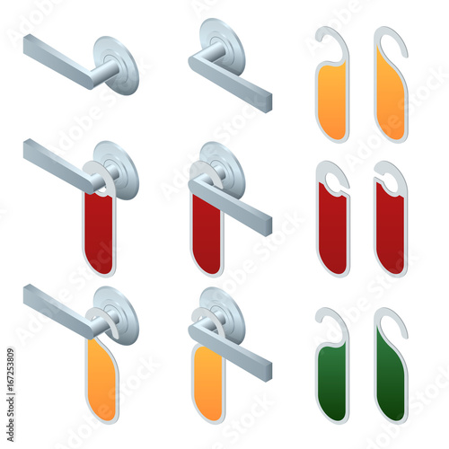Vector isometric hotel handles with hanging signs. Set of Blank Paper Plastic Door Handle Lock Hangers Isolated on Background