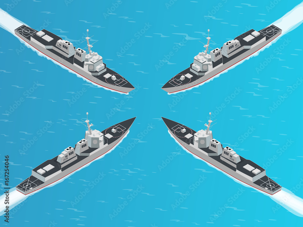 Fototapeta premium Isometric Guided missile destroyer. Vector hight quality Arleigh Burke-class guided missile destroyer. Military ship