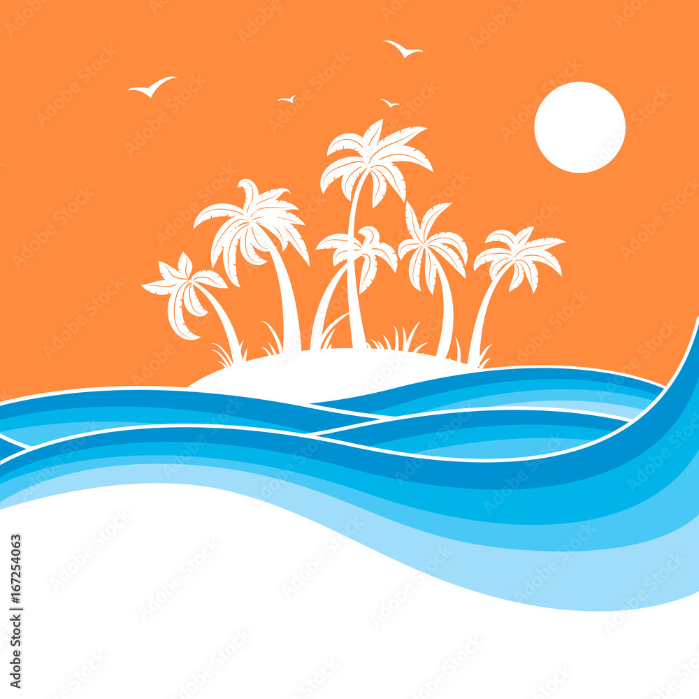 Tropical island with palms.Sea waves blue background illustration