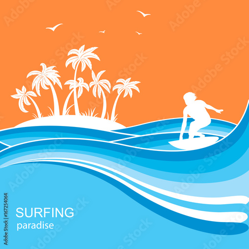 Surfer and sea waves background.Summer nature illustration