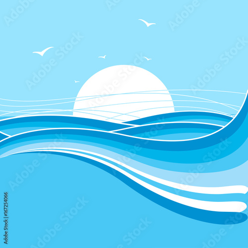 Sea and sun background.Nature illustration with waves