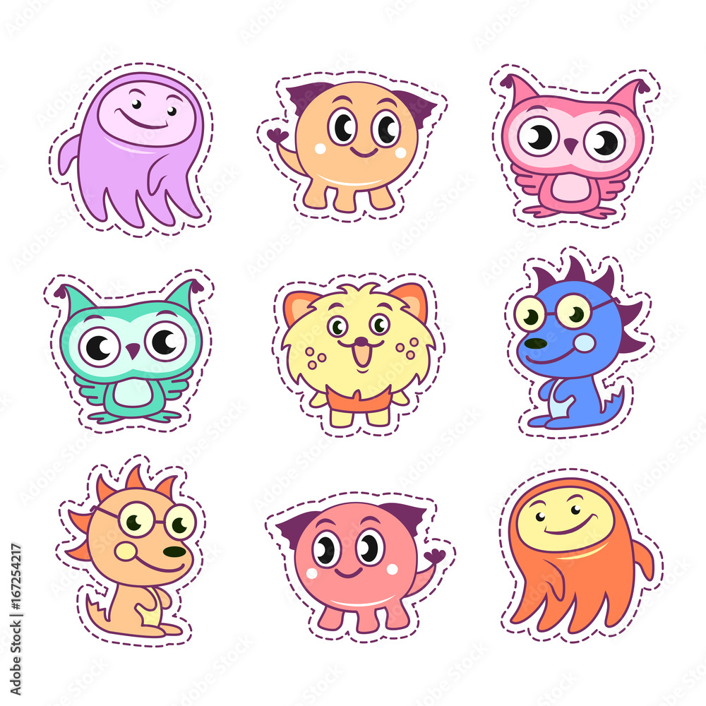 Stickers set pop art comic style with cartoon monster kids