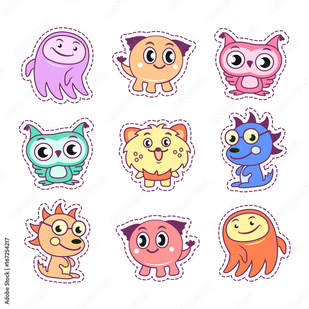 Stickers set pop art comic style with cartoon monster kids Stickers set pop art comic style with cartoon monster kids