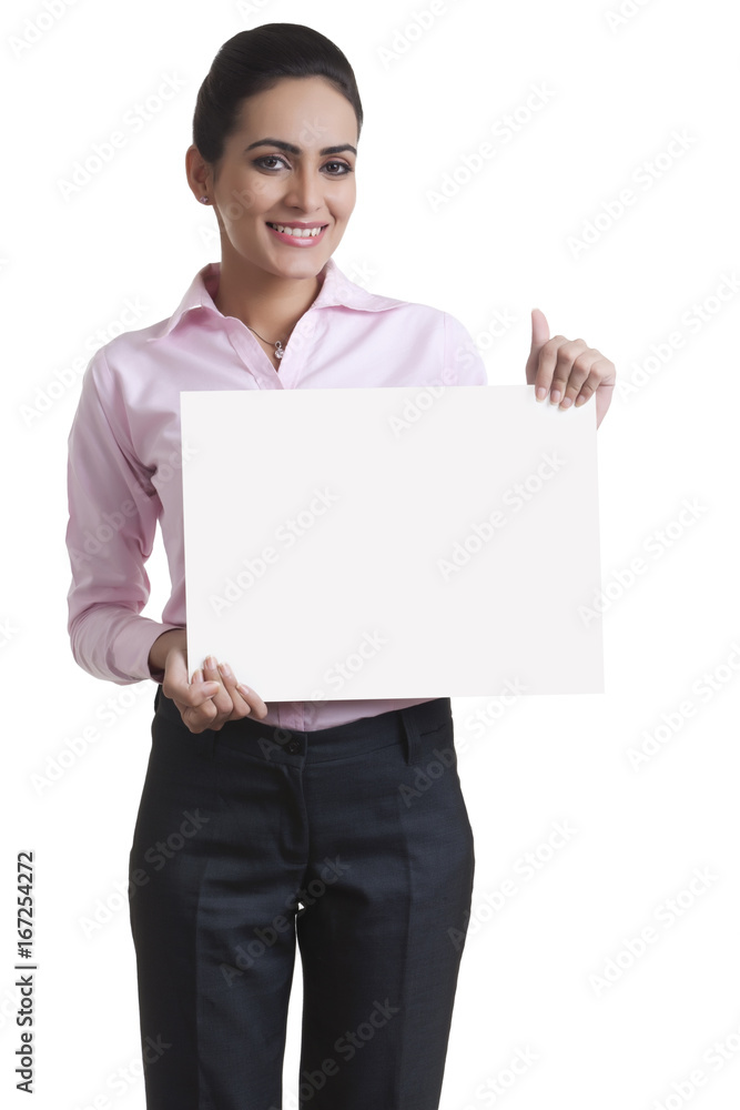 Portrait of happy young businesswoman showing blank board over white background Portrait of happy young businesswoman showing blank board over white background