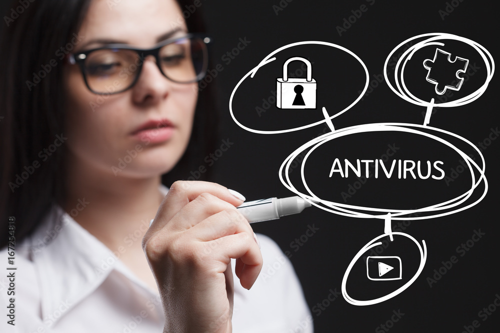 The concept of business, technology, the Internet and the network. A young entrepreneur working on a virtual screen of the future and sees the inscription: Antivirus The concept of business, technology, the Internet and the network. A young entrepreneur working on a virtual screen of the future and sees the inscription: Antivirus