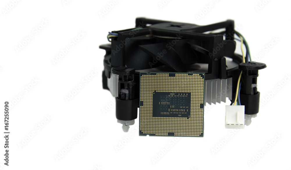 image of a CPU and cooling fan with heatsink on white background image of a CPU and cooling fan with heatsink on white background