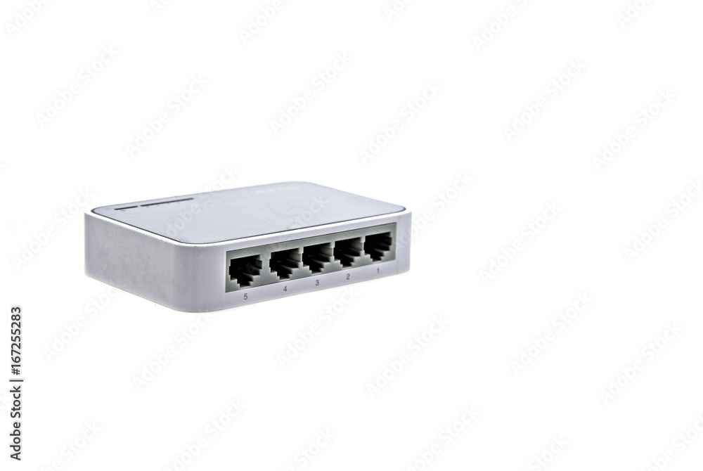 Network switch Hub 5 port . isolated on the white background Network switch Hub 5 port . isolated on the white background