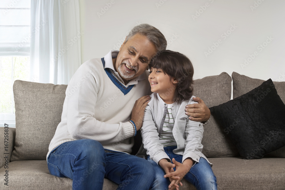 Smiling grandfather hugging grandson sitting on sofa