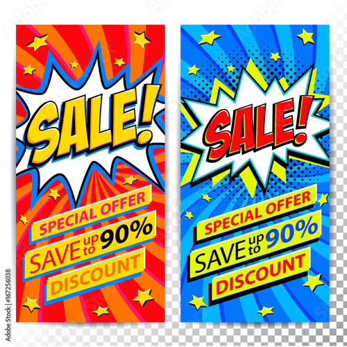 Sale web banners. Set of Pop art comic sale discount promotion banners. Big sale background. Decorative backgrounds with bomb explosive. Comics pop-art style bang shape on red and blue twisted