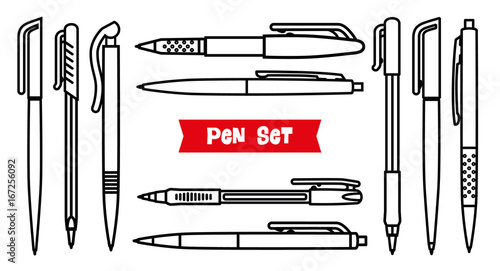 Stationery collection. Writing tools. Pens set. Outline style. Ballpoint thin line vector icons. Biro, Fountain pen, gel pen, ballpoint pen, capillary pen. Writing materials.