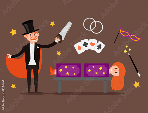 Magician prestidigitator illusionist character tricks juggler vector illustration magic conjurer show cartoon man