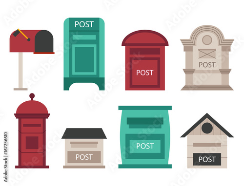 Beautiful rural curbside open and closed postal mailboxes with semaphore flag postbox vector illustration