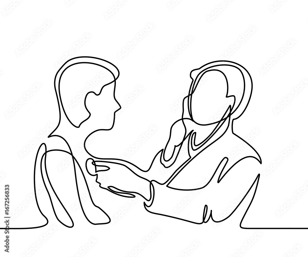 Doctor with stethoscope treat patient man. Continuous line drawing. Vector illustration on white background