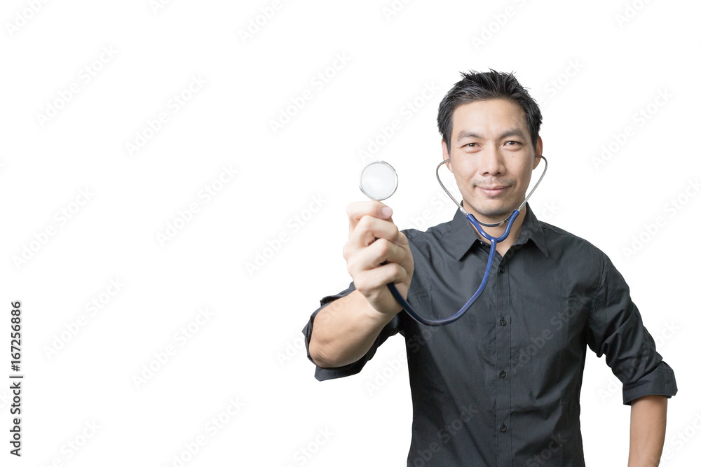 Asian man holding stethoscope isolated on white background Asian man holding stethoscope isolated on white background