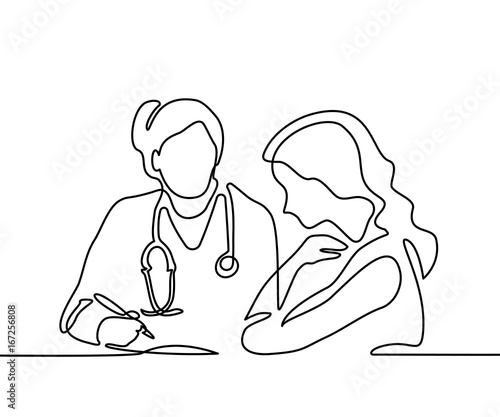 Doctor with stethoscope treat patient woman. Continuous line drawing. Vector illustration on white background