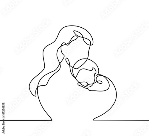 Logo with mother holding her baby with heart shape. Continuous line art vector illustration