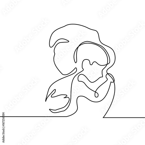 Logo with mother holding her baby with heart shape. Continuous line art vector illustration