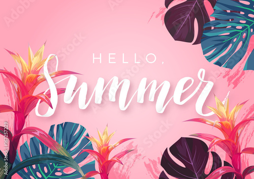 Summer tropical design for banner or flyer with exotic palm leaves, hibiscus flowers and handlettering.