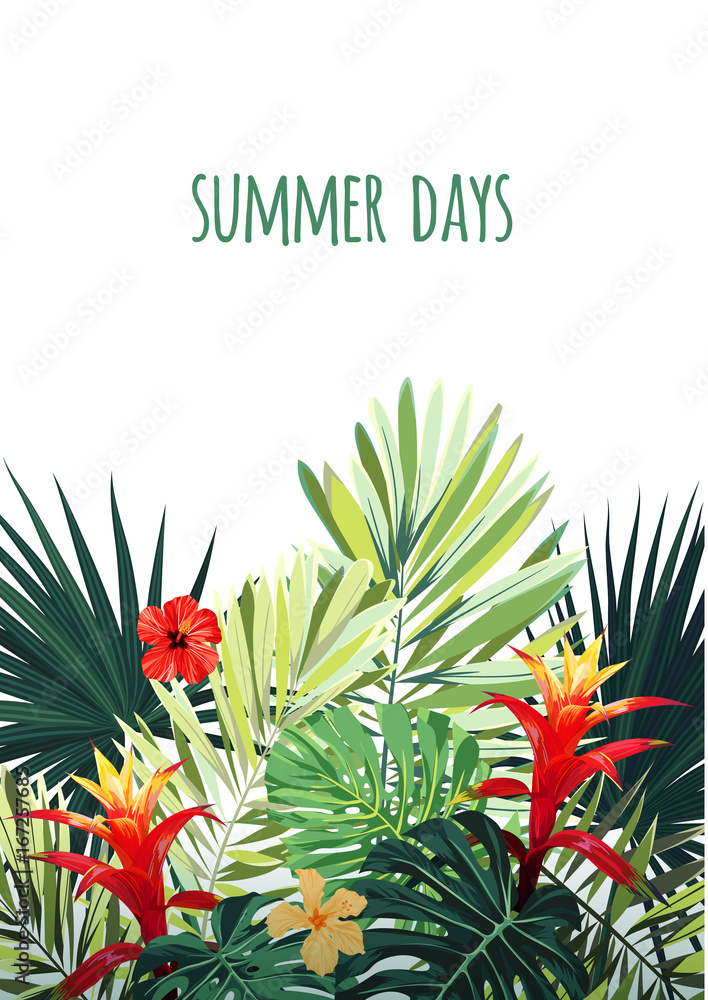 Naklejka premium Floral vertical postcard design with guzmania and hibiscus flowers, monstera and royal palm leaves. Exotic hawaiian vector background.