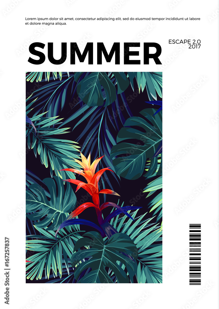 Floral vertical summer postcard design with guzmania flowers, monstera and royal palm leaves. Exotic hawaiian background.