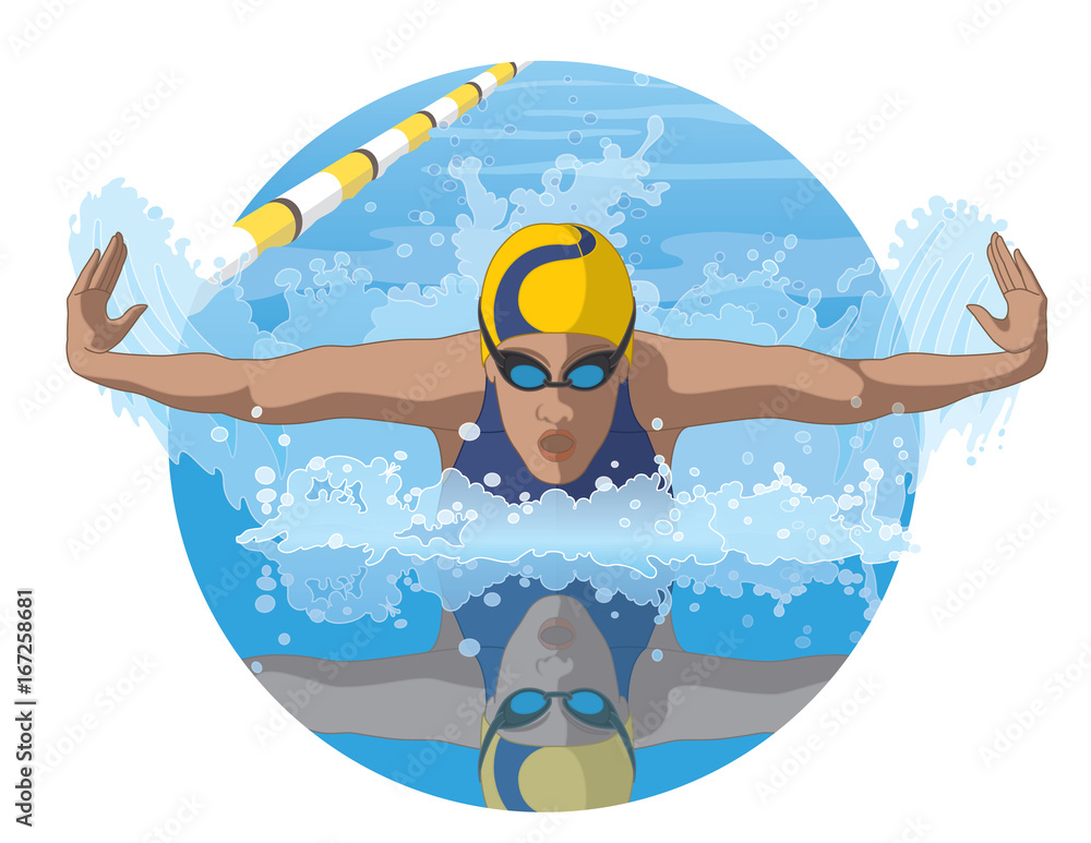 female swimmer in a butterfly stroke competing in pool with reflection female swimmer in a butterfly stroke competing in pool with reflection