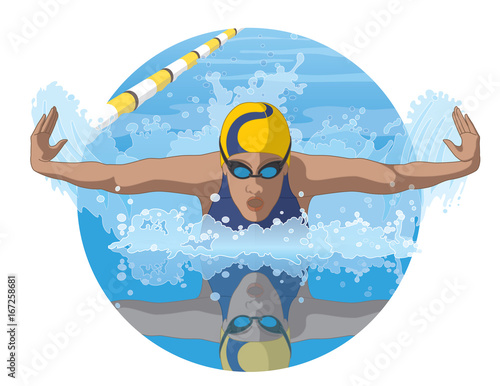 female swimmer in a butterfly stroke competing in pool with reflection