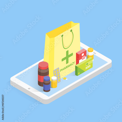 Modern pharmacy and drugstore concept. Isometric phone sale drugs online. Vector simple illustration