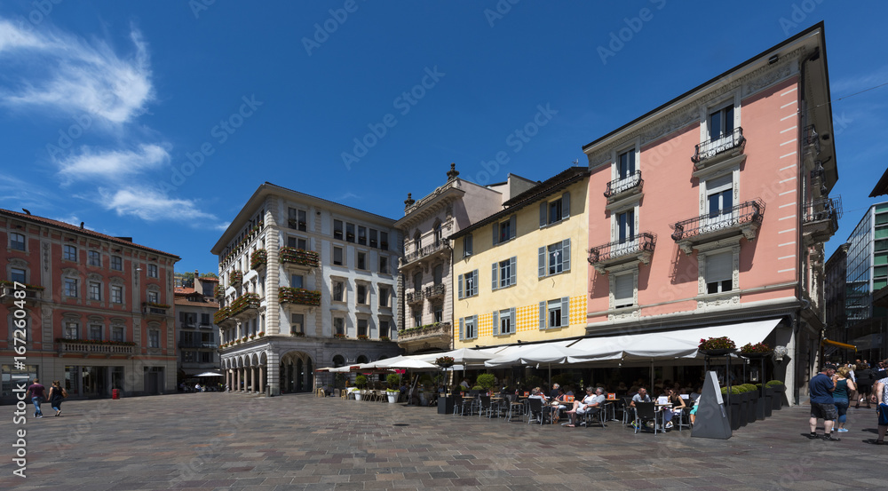 Restaurants and shops at the Piazza della Riforma in Lugano - Lugano, Lake Lugano, Lugano, Ticino, Switzerland, Europe
