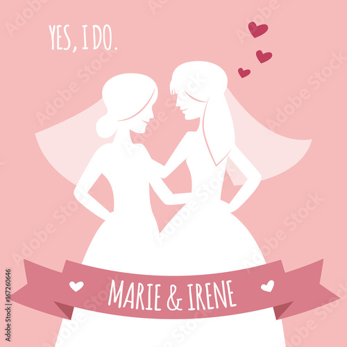 Two brides in white dresses. Gay wedding