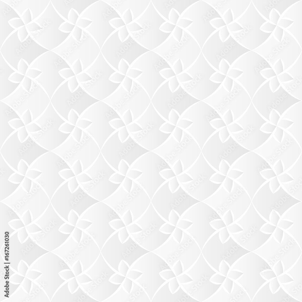 Neutral white texture. Stylized floral trellis background with 3d carving effect. Vector seamless repeating pattern.