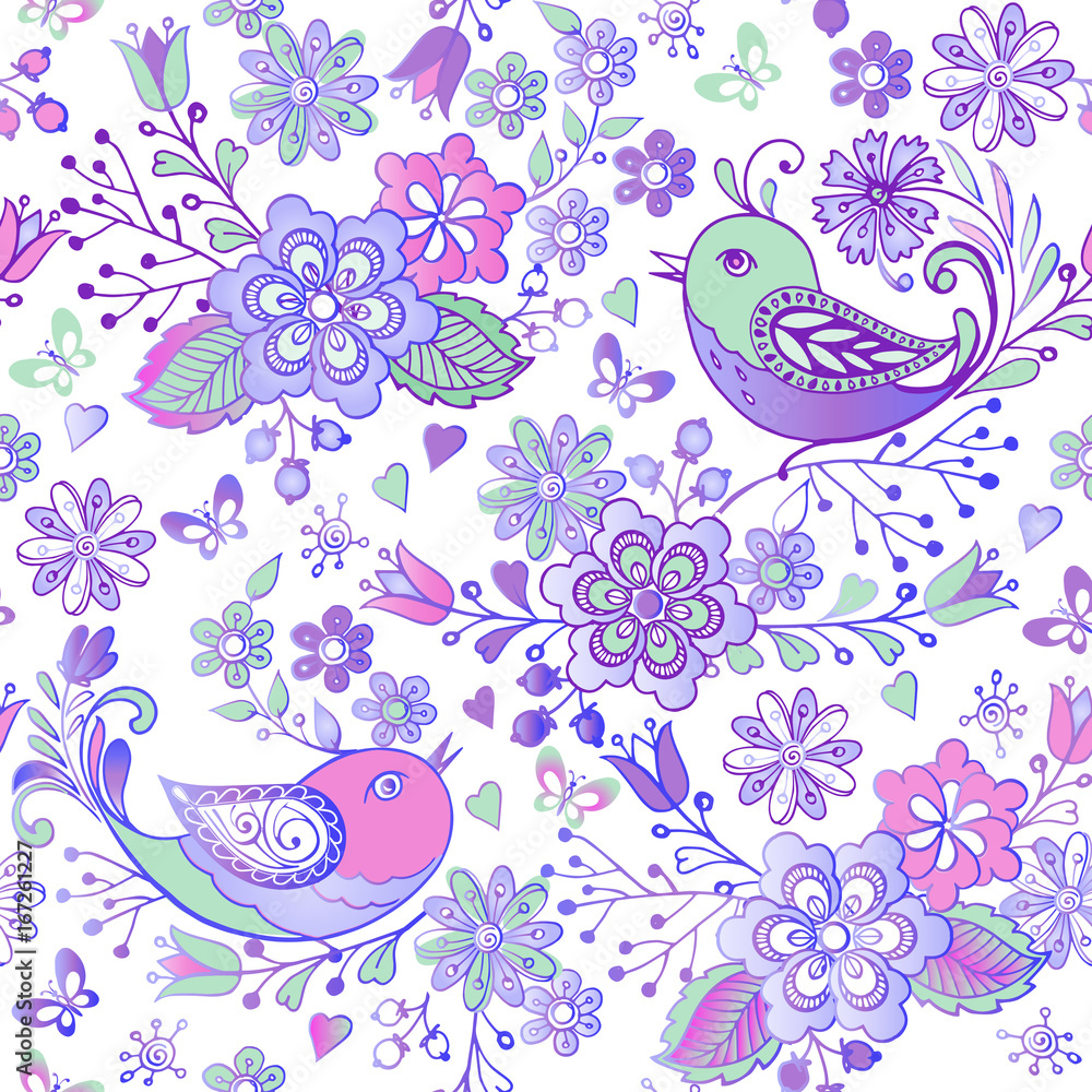 Cute floral seamless pattern with pink and blue birds and hearts. Decorative ornament backdrop for fabric, textile, wrapping paper Cute floral seamless pattern with pink and blue birds and hearts. Decorative ornament backdrop for fabric, textile, wrapping paper