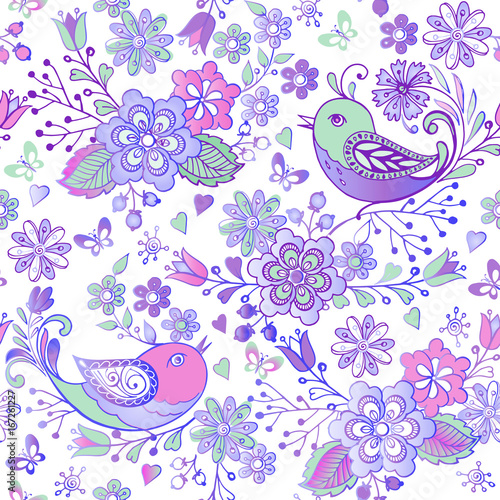 Cute floral seamless pattern with pink and blue birds and hearts. Decorative ornament backdrop for fabric, textile, wrapping paper