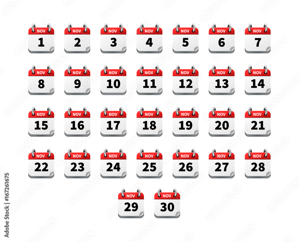 Set of bright realistic icons of calendar on november isolated on white Set of bright realistic icons of calendar on november isolated on white