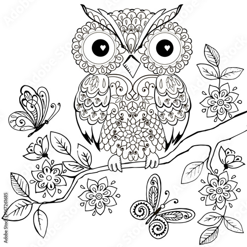 Decorative owl on a flowering branch coloring book for adults. Hand drawn Decorative owl for the anti stress coloring page